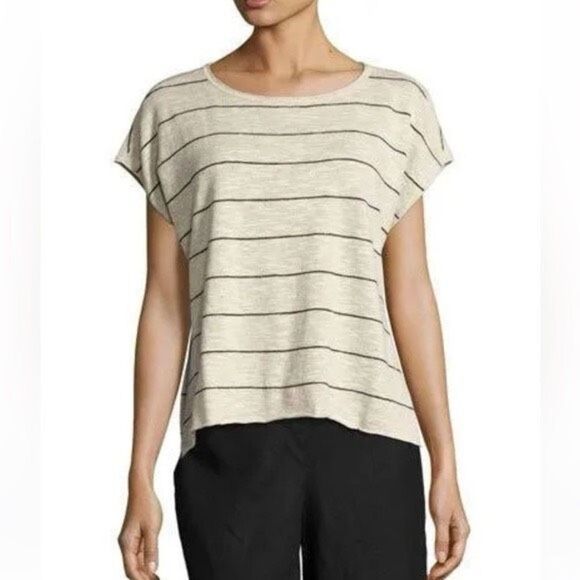 Eileen Fisher Organic Linen Blend Jersey Stripe Hi-Lo Lightweight Top Small - Picture 2 of 11